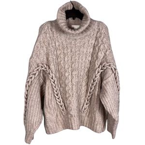 H&M Wool Blend Sweater Chunky Cable Knit Tan Turtleneck Womens XL